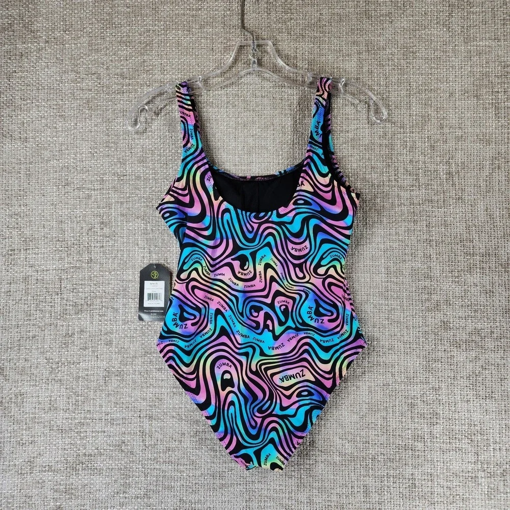Zumba Swim One Piece Swimsuit Womens Small Multicolor‎ Swirl Lined Shelf Bra NWT